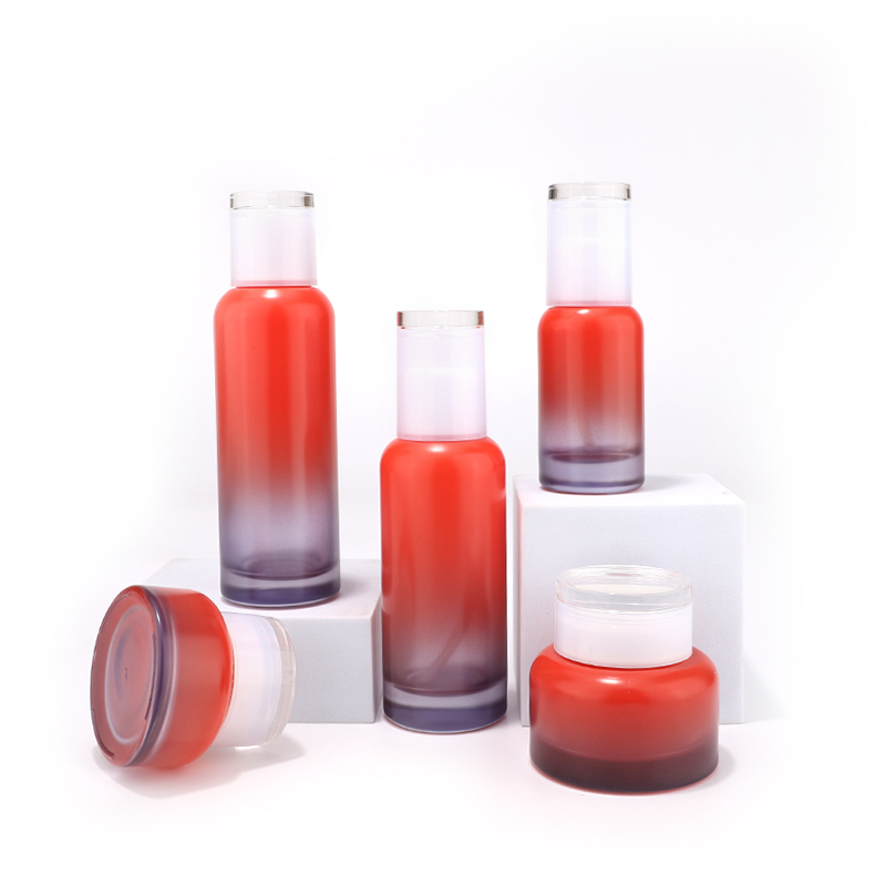 red color cosmetic glass bottle set 