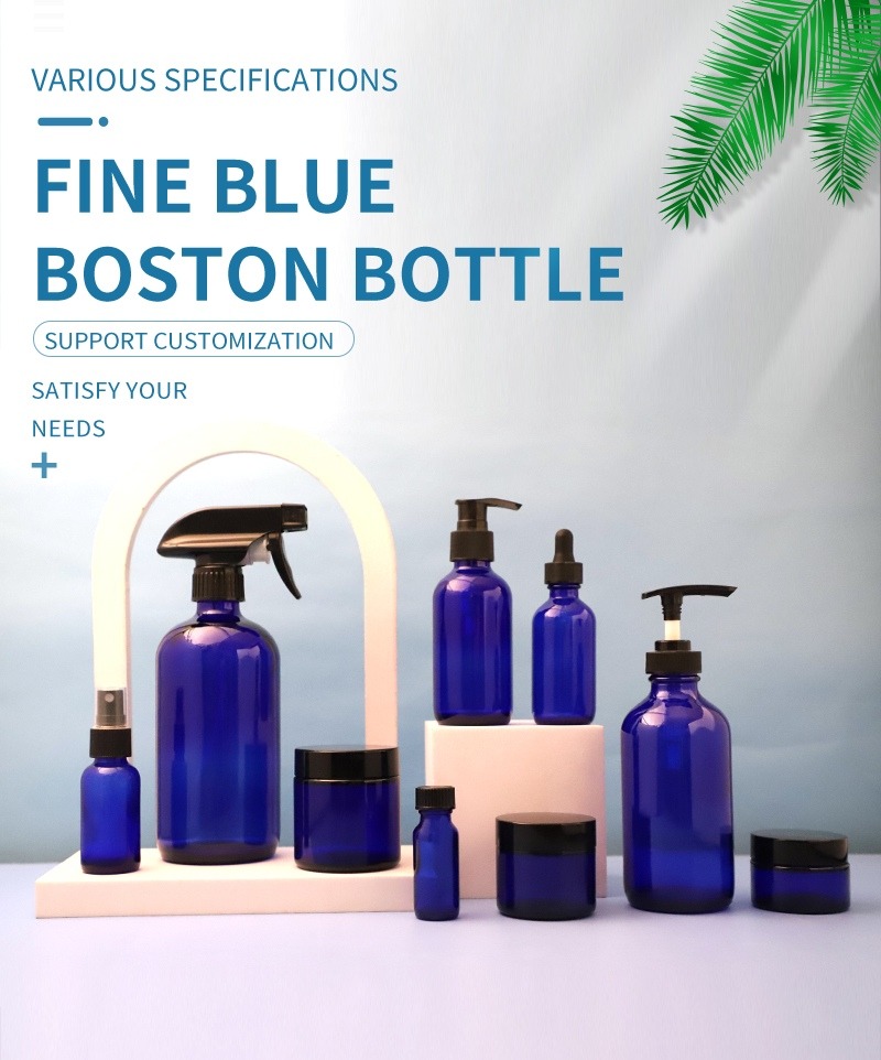 مجموعة زجاجات زجاجية مستديرة باللون الأزرق