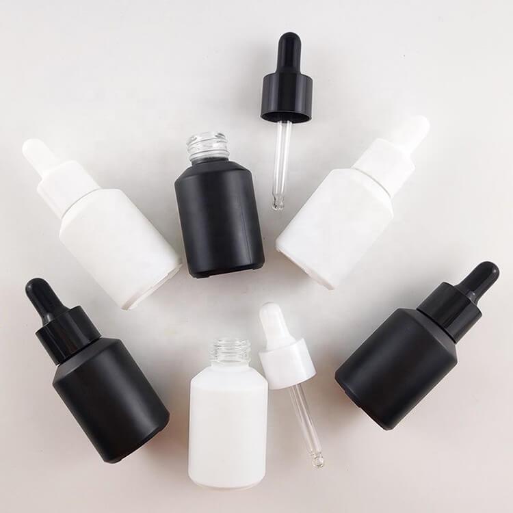 Cosmetic skincare frosted white black 30ml dropper bottle